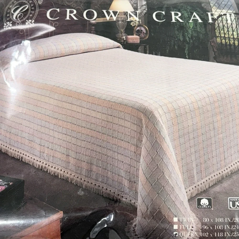 Vtg Sears Crown Craft Hampshire Queen Bedspread Waffle Weave Ivory Pastel Fringe